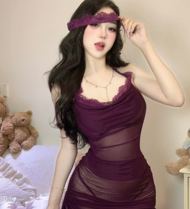 Purple Goddess Sheer Mesh Babydoll Lingerie Set with Lace Blindfold
