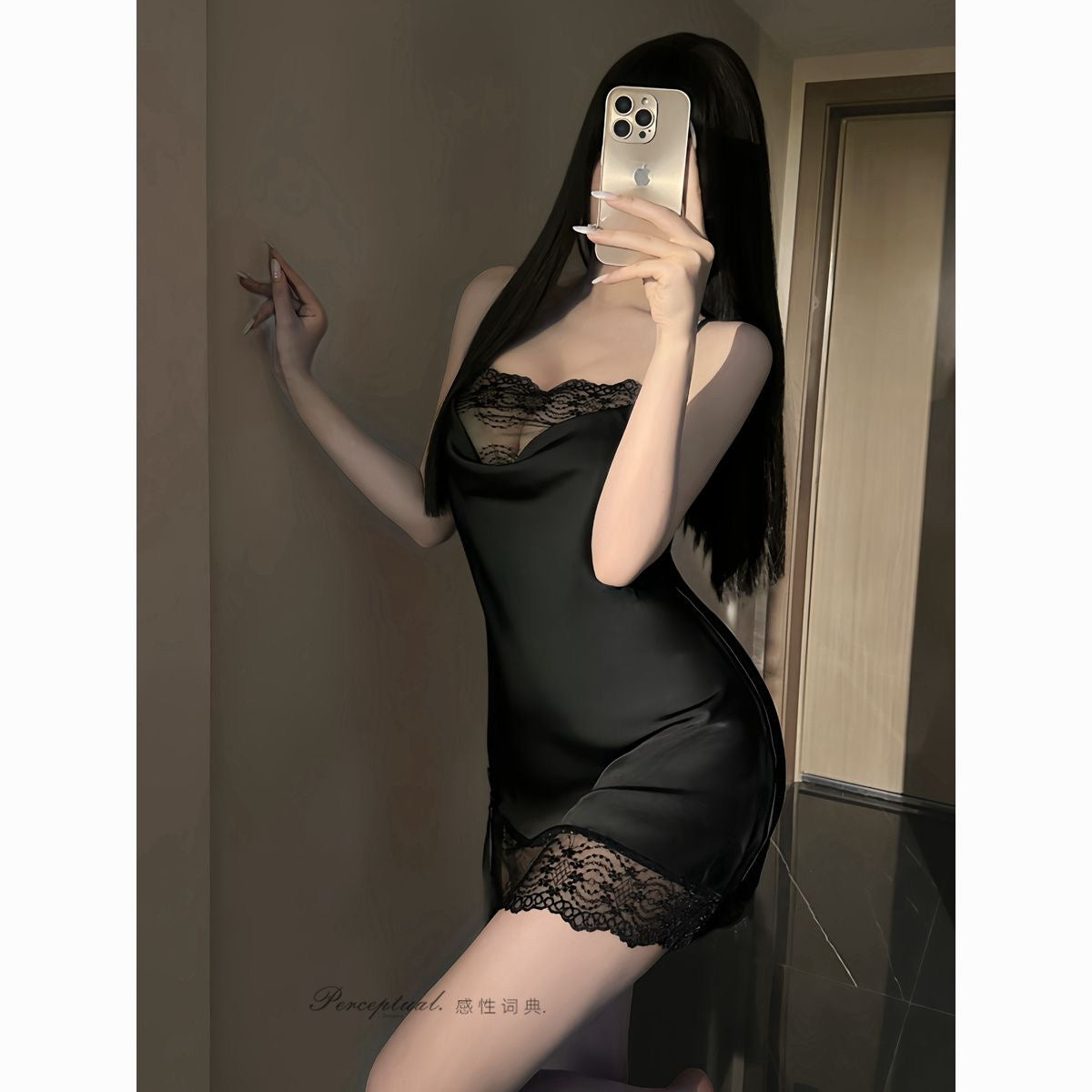 Lace Trim Satin Chemise with Deep V Neckline