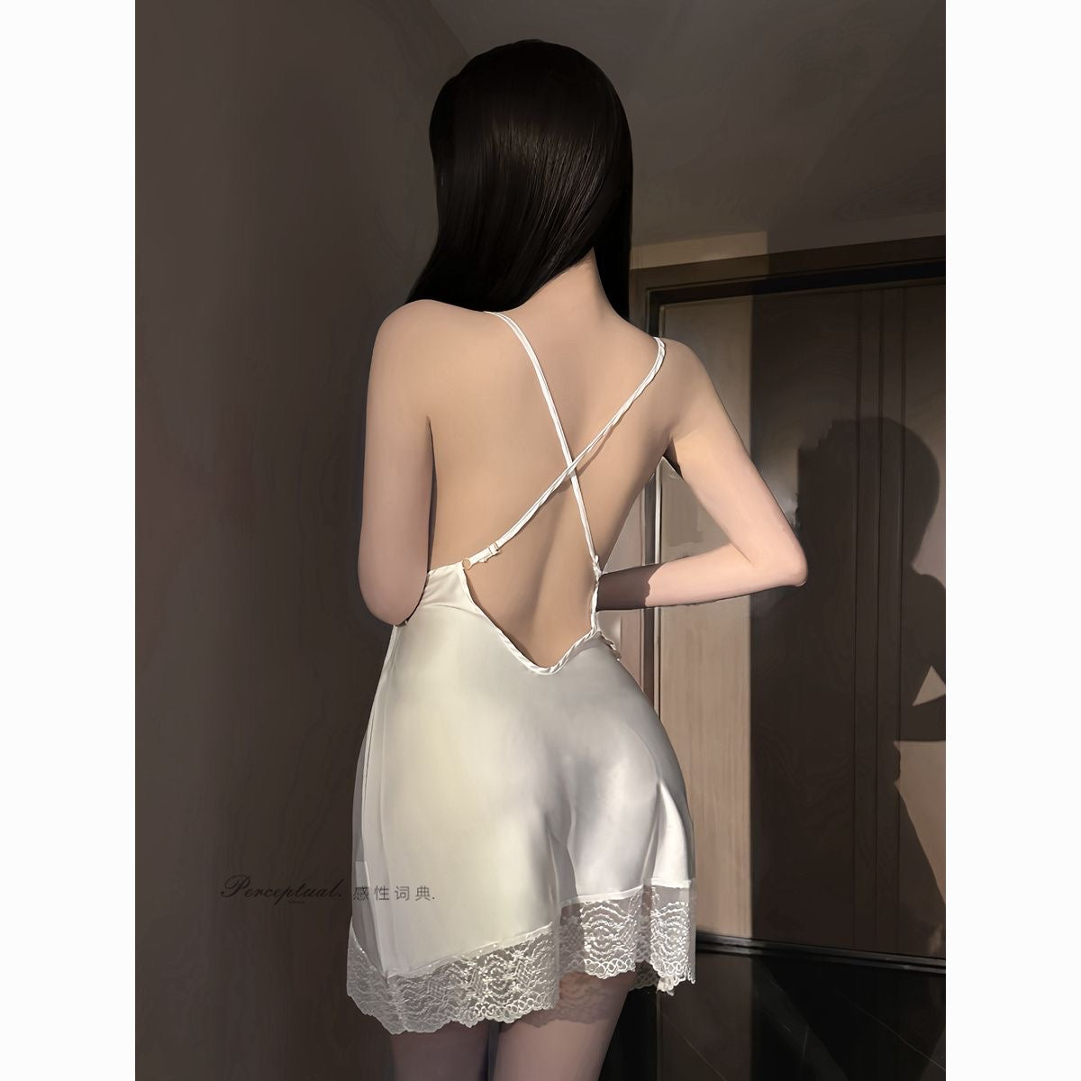 Lace Trim Satin Chemise with Deep V Neckline