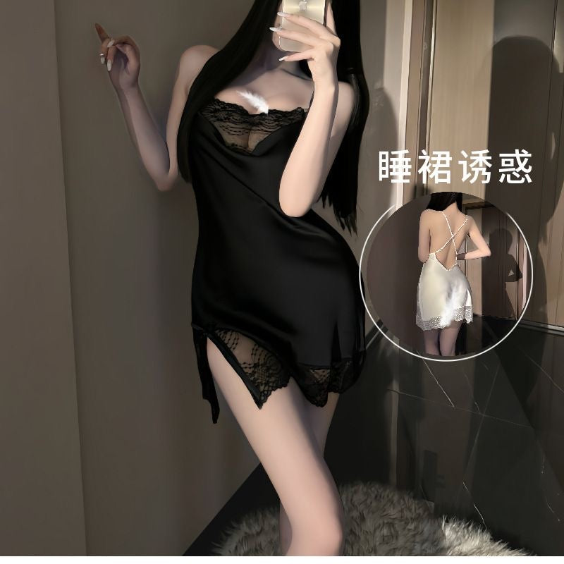 Lace Trim Satin Chemise with Deep V Neckline