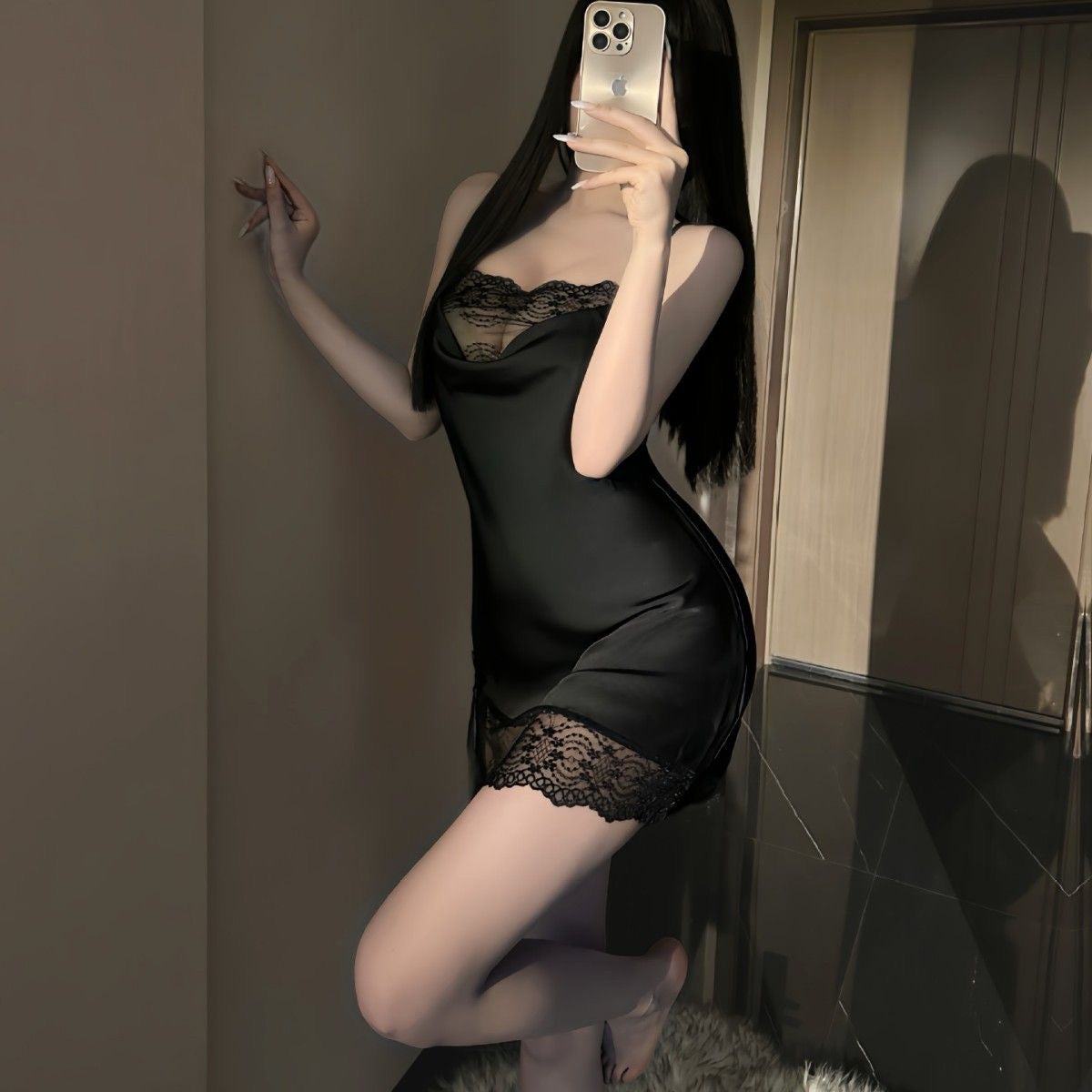 Lace Trim Satin Chemise with Deep V Neckline
