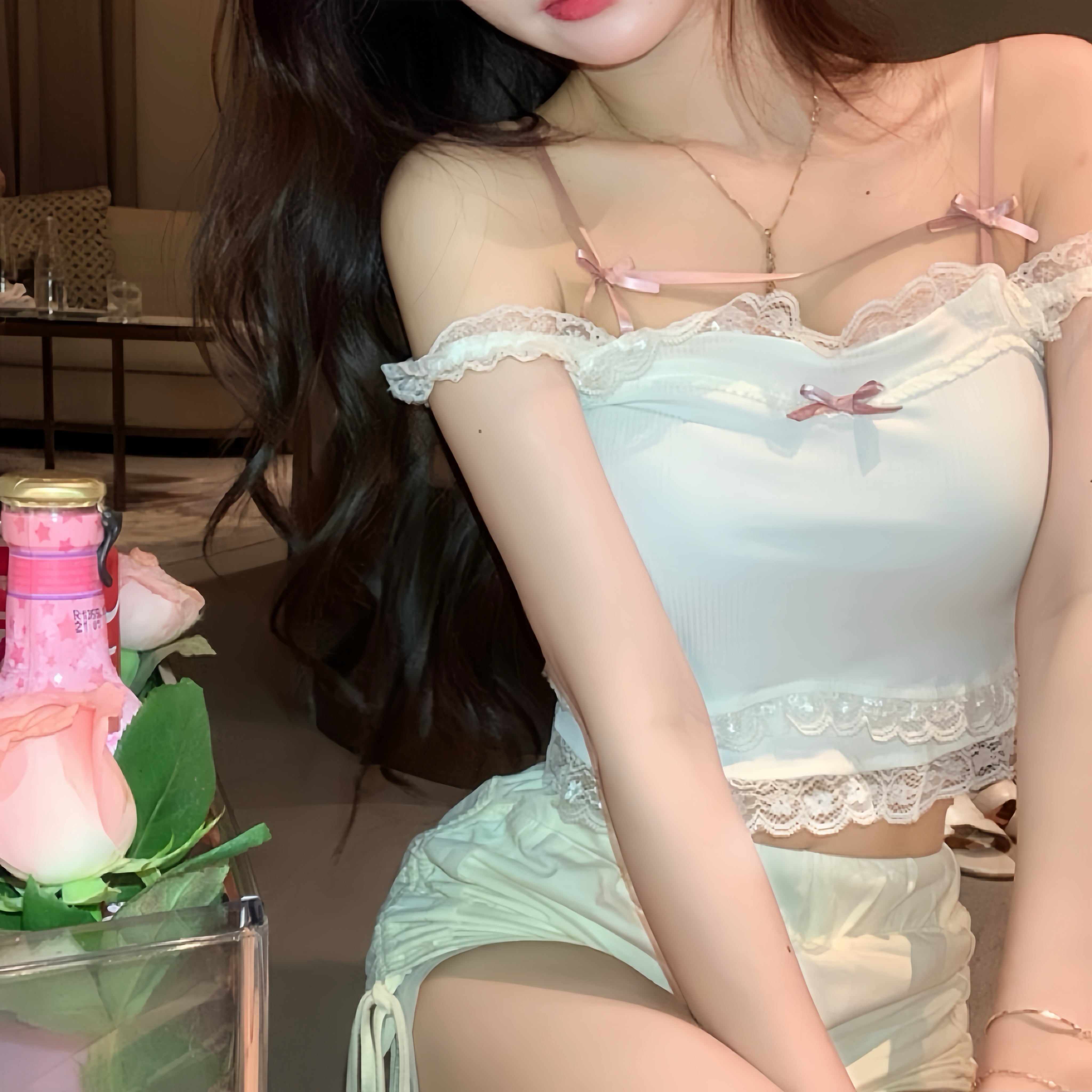 Champagne Pink Camisole Bowknot Cute Girl Tank Top