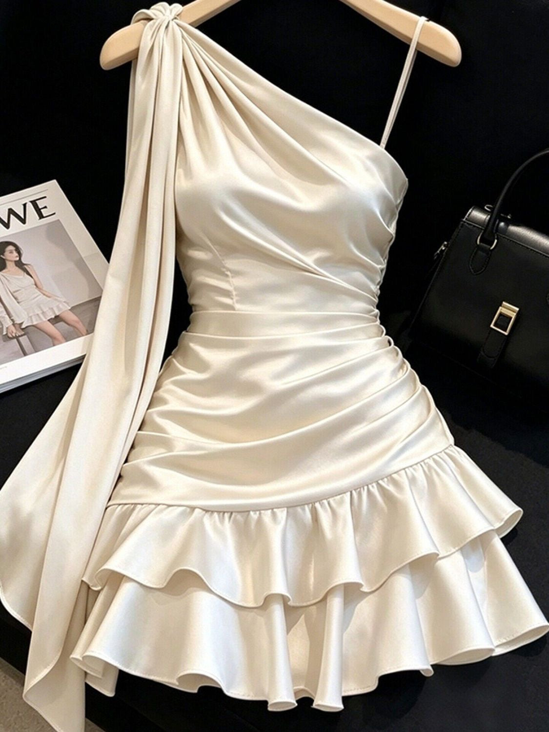 Elegant Satin One Shoulder Ruffle Mini Dress