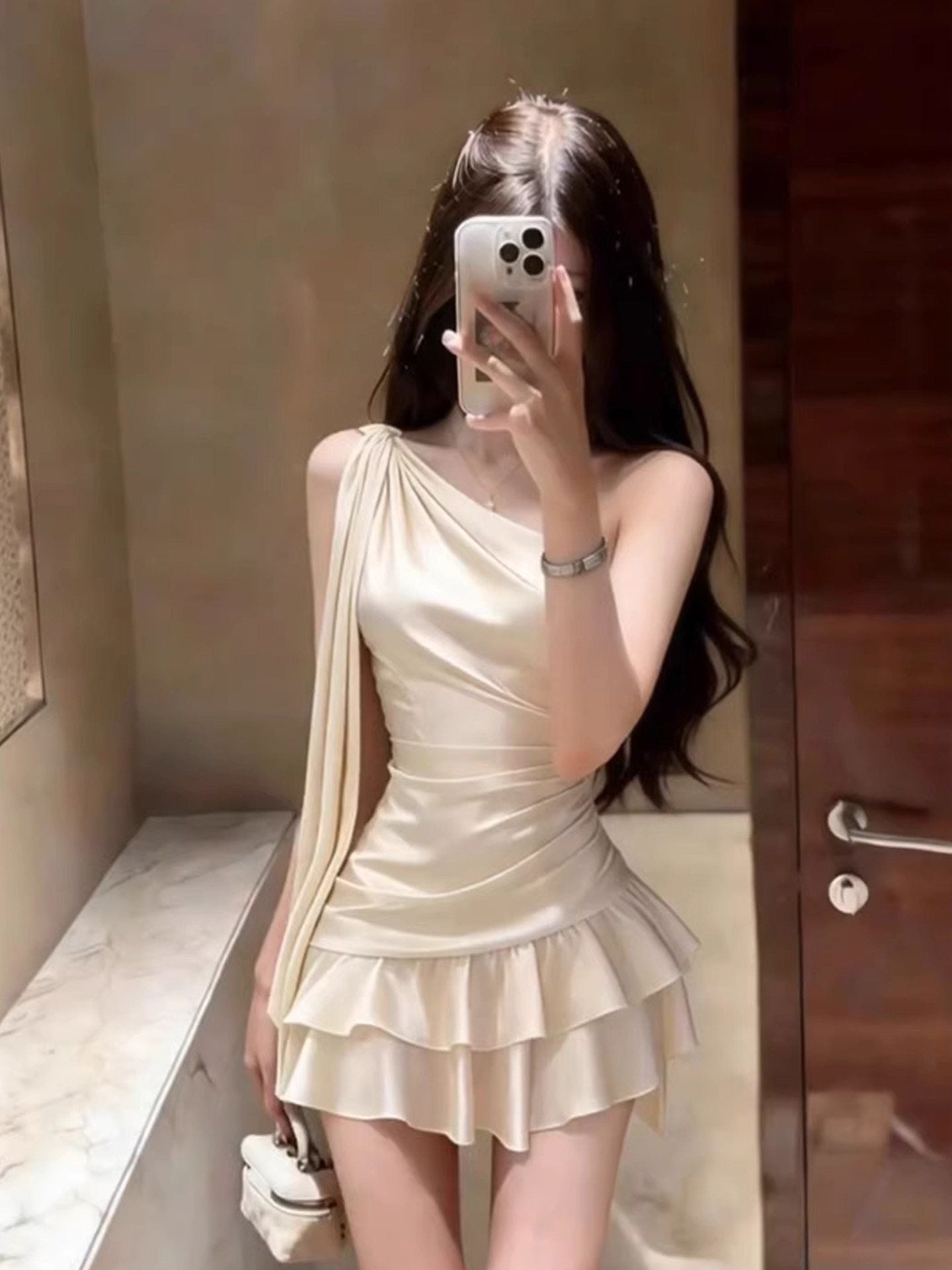 Elegant Satin One Shoulder Ruffle Mini Dress