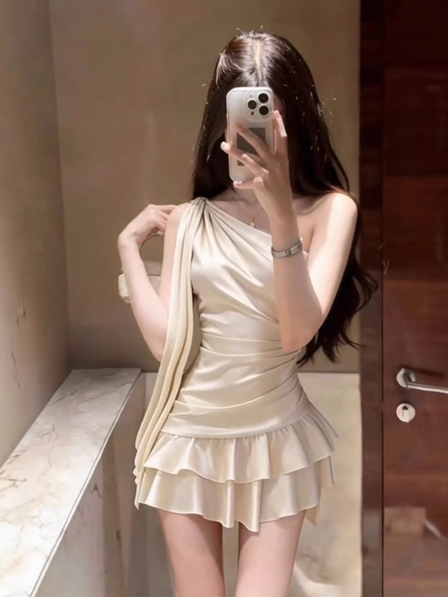 Elegant Satin One Shoulder Ruffle Mini Dress