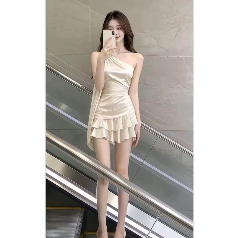 Elegant Satin One Shoulder Ruffle Mini Dress