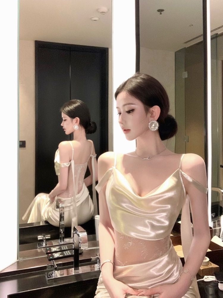 Elegant Satin Lace Back Slip Dress