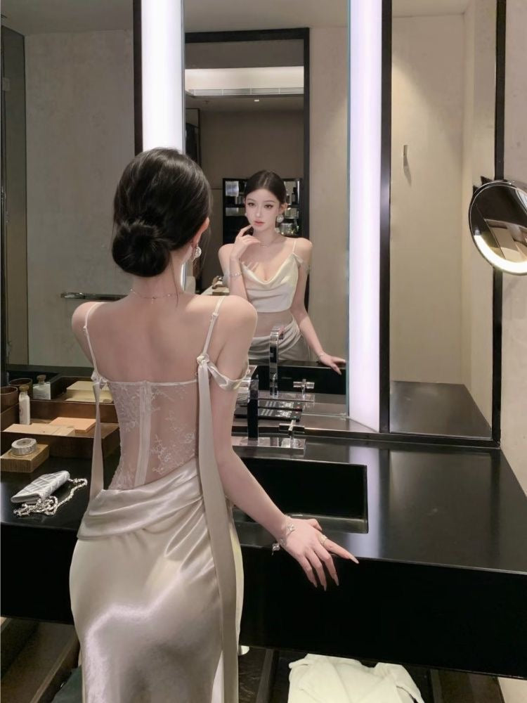 Elegant Satin Lace Back Slip Dress