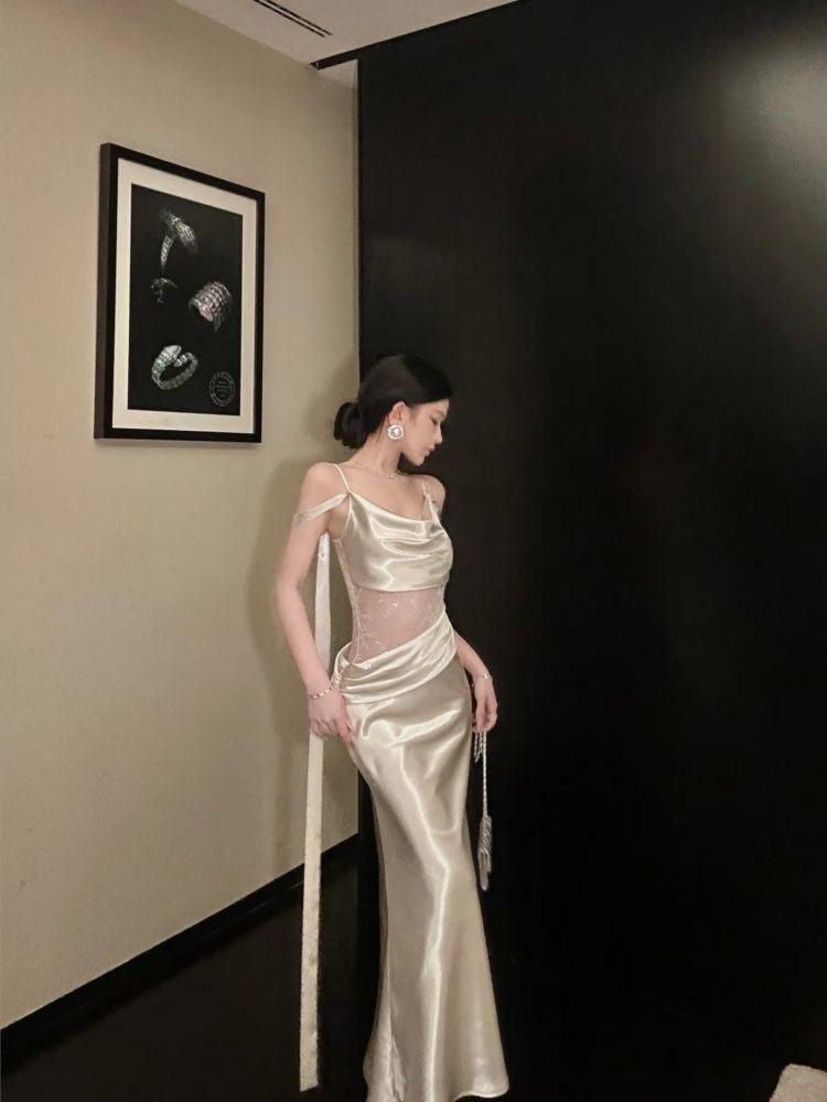 Elegant Satin Lace Back Slip Dress