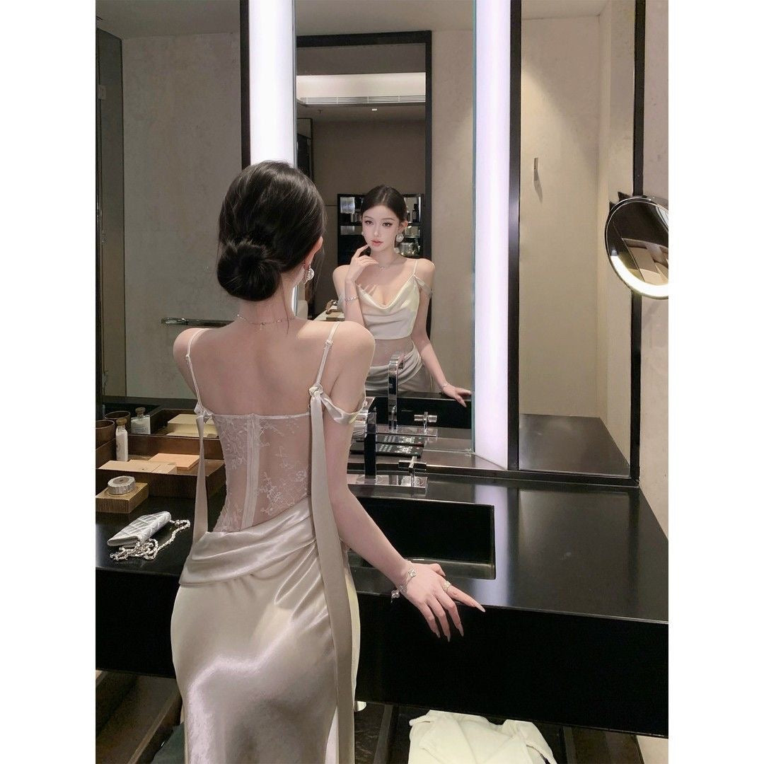 Elegant Satin Lace Back Slip Dress