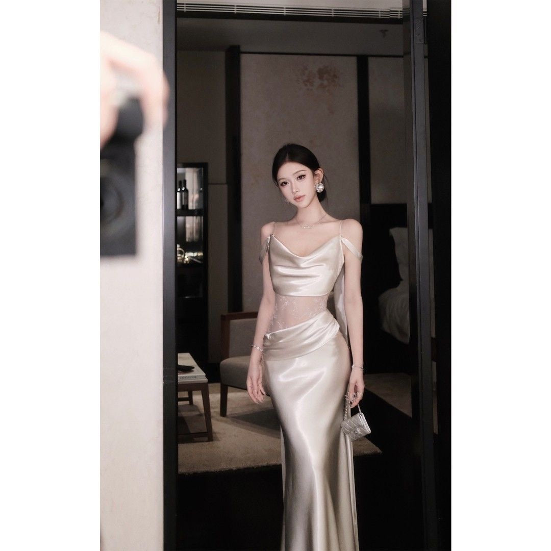 Elegant Satin Lace Back Slip Dress