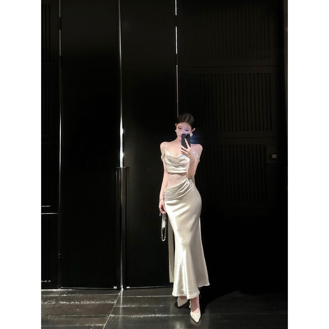 Elegant Satin Lace Back Slip Dress