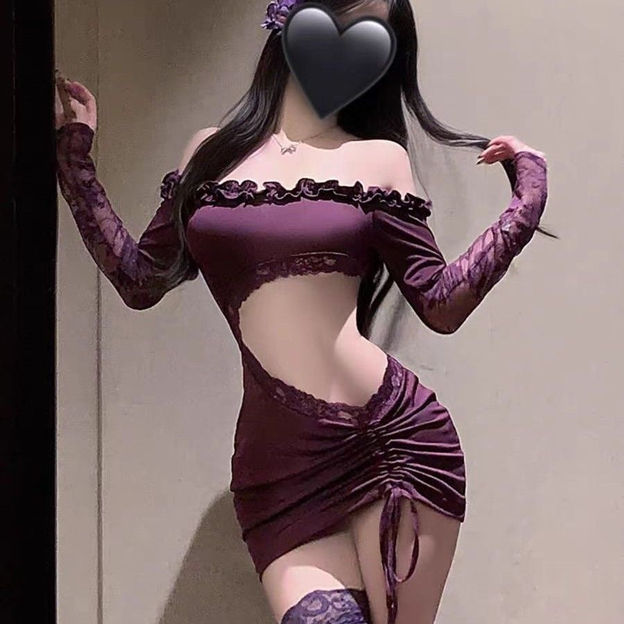 午夜紫蕾丝露肩性感内衣套装
