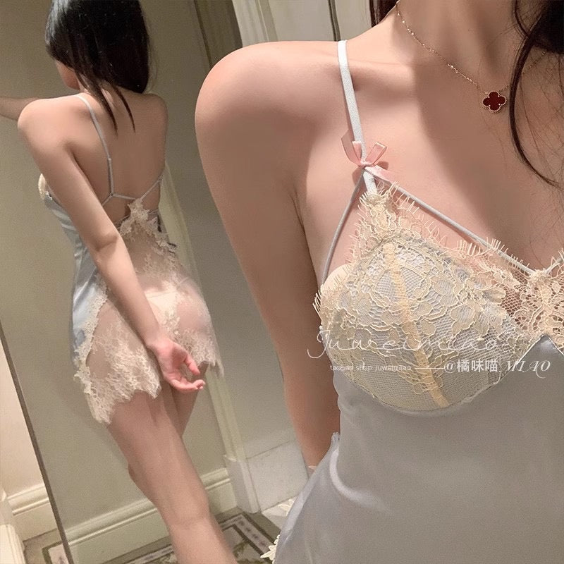 Elegant Lace Deep V Open Back Silk Nightdress