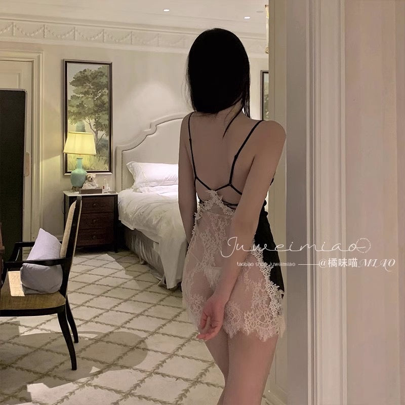 Elegant Lace Deep V Open Back Silk Nightdress