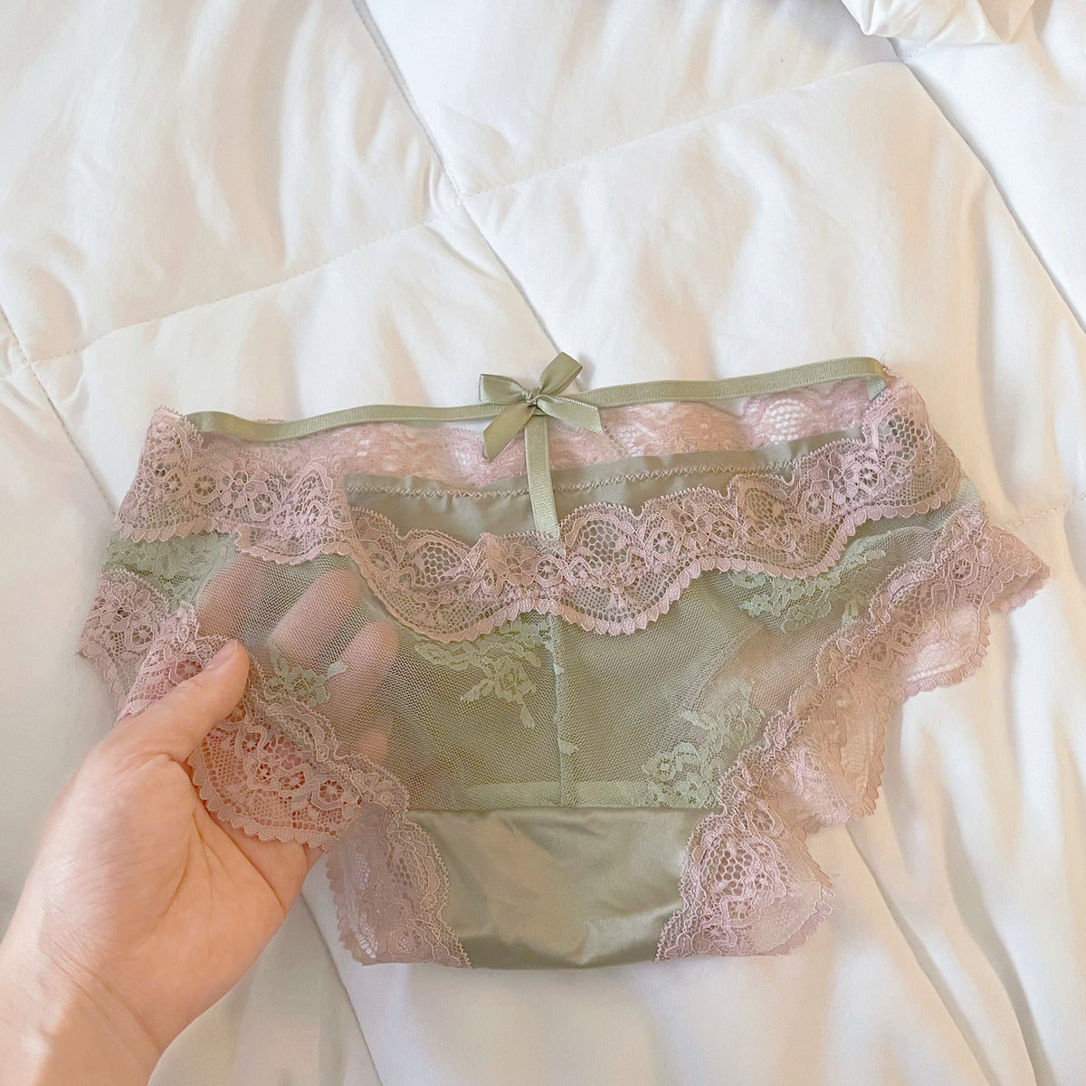 Lace Trim See Through Bowknot Straps Underwear