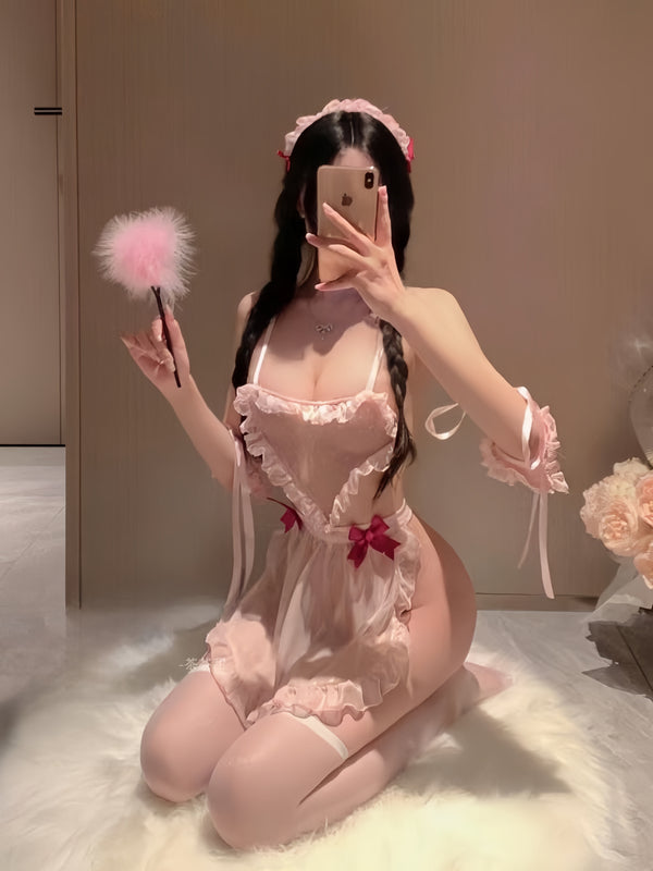 Pink Heart Shape Maid Costume Lingerie