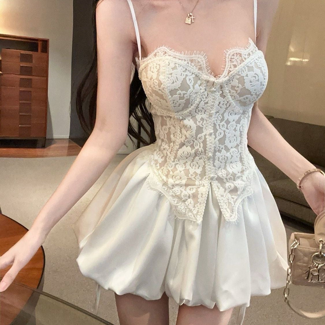 Lace Corset Top & Bubble Mini Skirt Set | Strapless Party Outfit