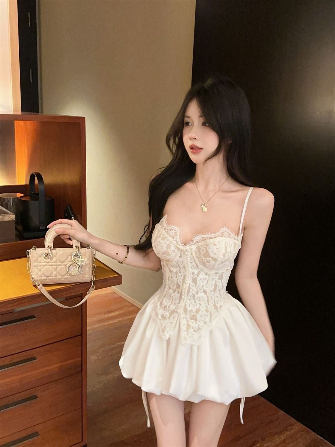 Lace Corset Top & Bubble Mini Skirt Set | Strapless Party Outfit