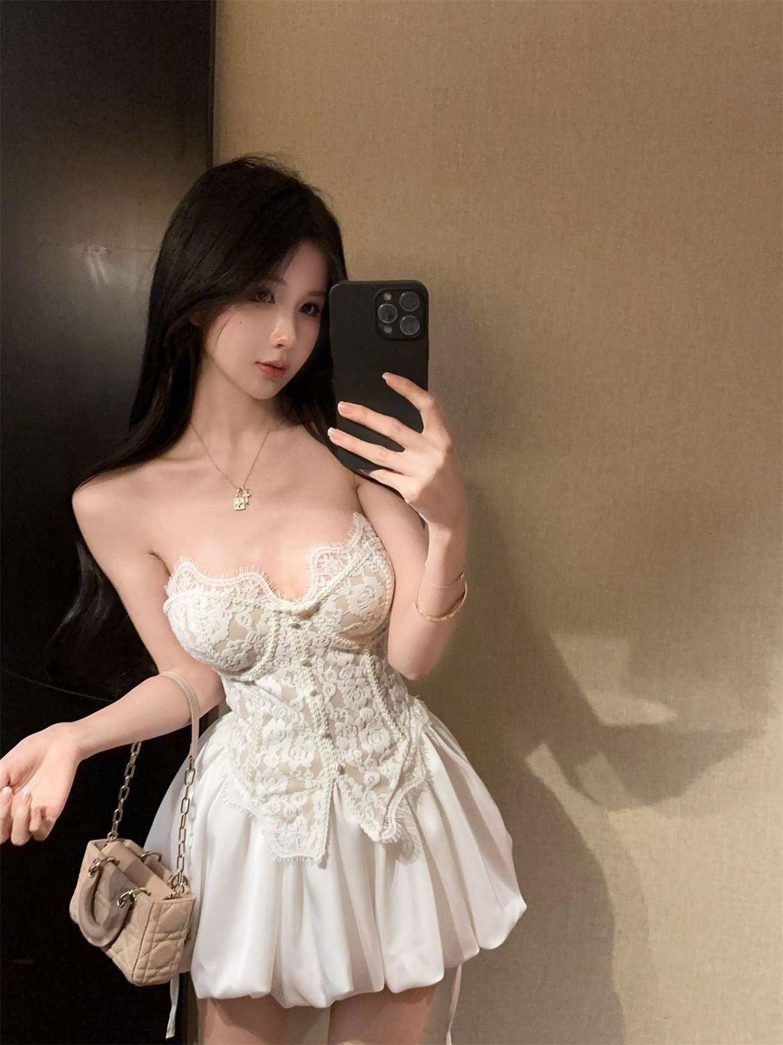 Lace Corset Top & Bubble Mini Skirt Set | Strapless Party Outfit