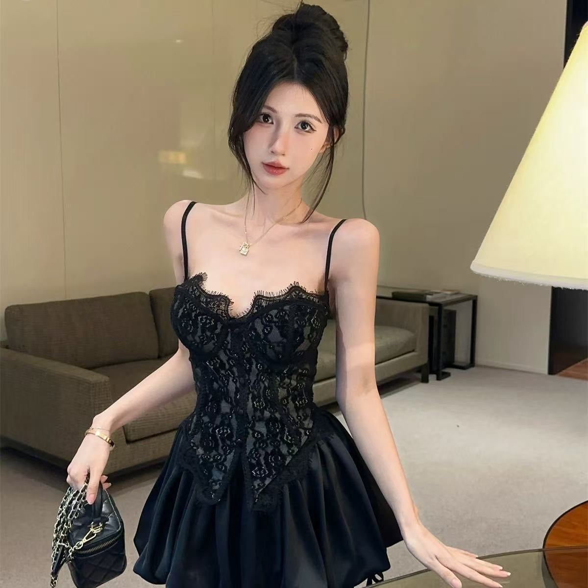 Lace Corset Top & Bubble Mini Skirt Set | Strapless Party Outfit