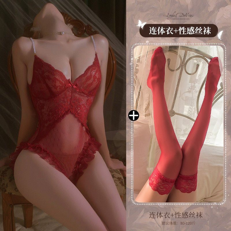 精品蕾丝深V聚拢连体内衣丝袜套装