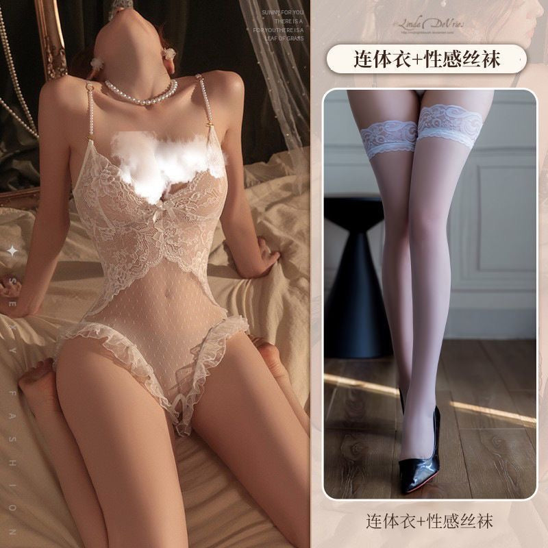 精品蕾丝深V聚拢连体内衣丝袜套装