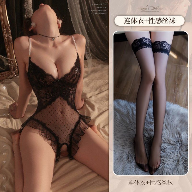 精品蕾丝深V聚拢连体内衣丝袜套装