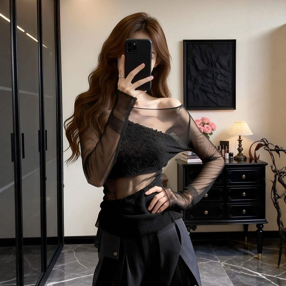 Sheer Mesh Long Sleeve Top | Off-Shoulder See-Through Blouse