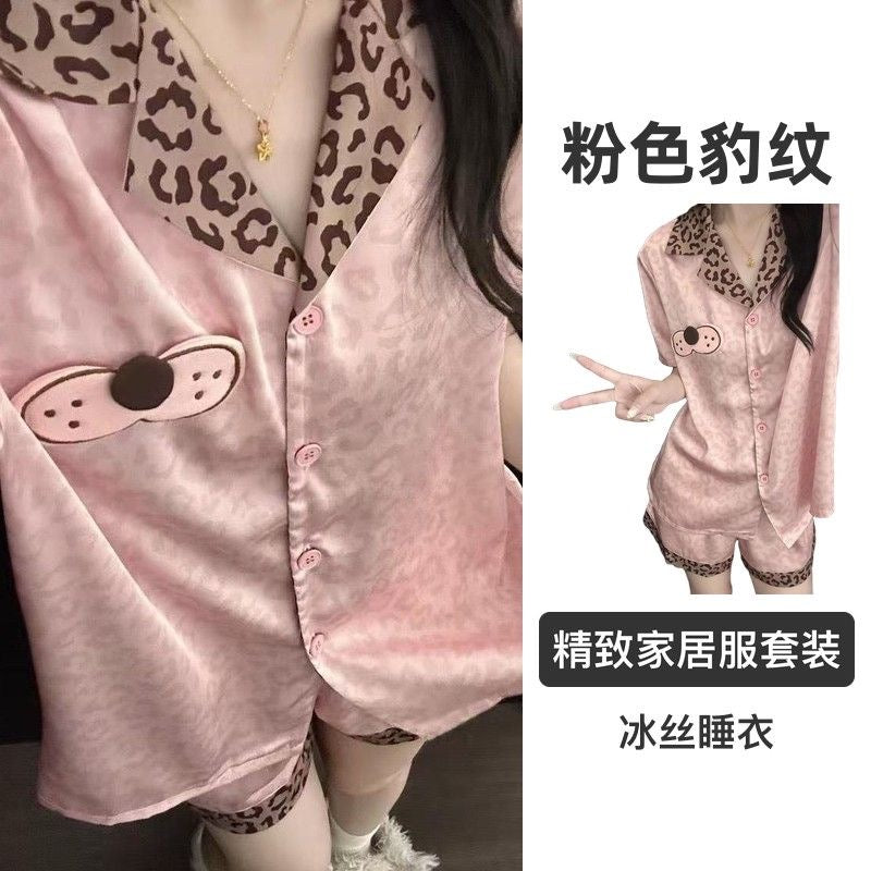 垂感冰丝｜甜酷豹纹冰丝短袖家居服套装

