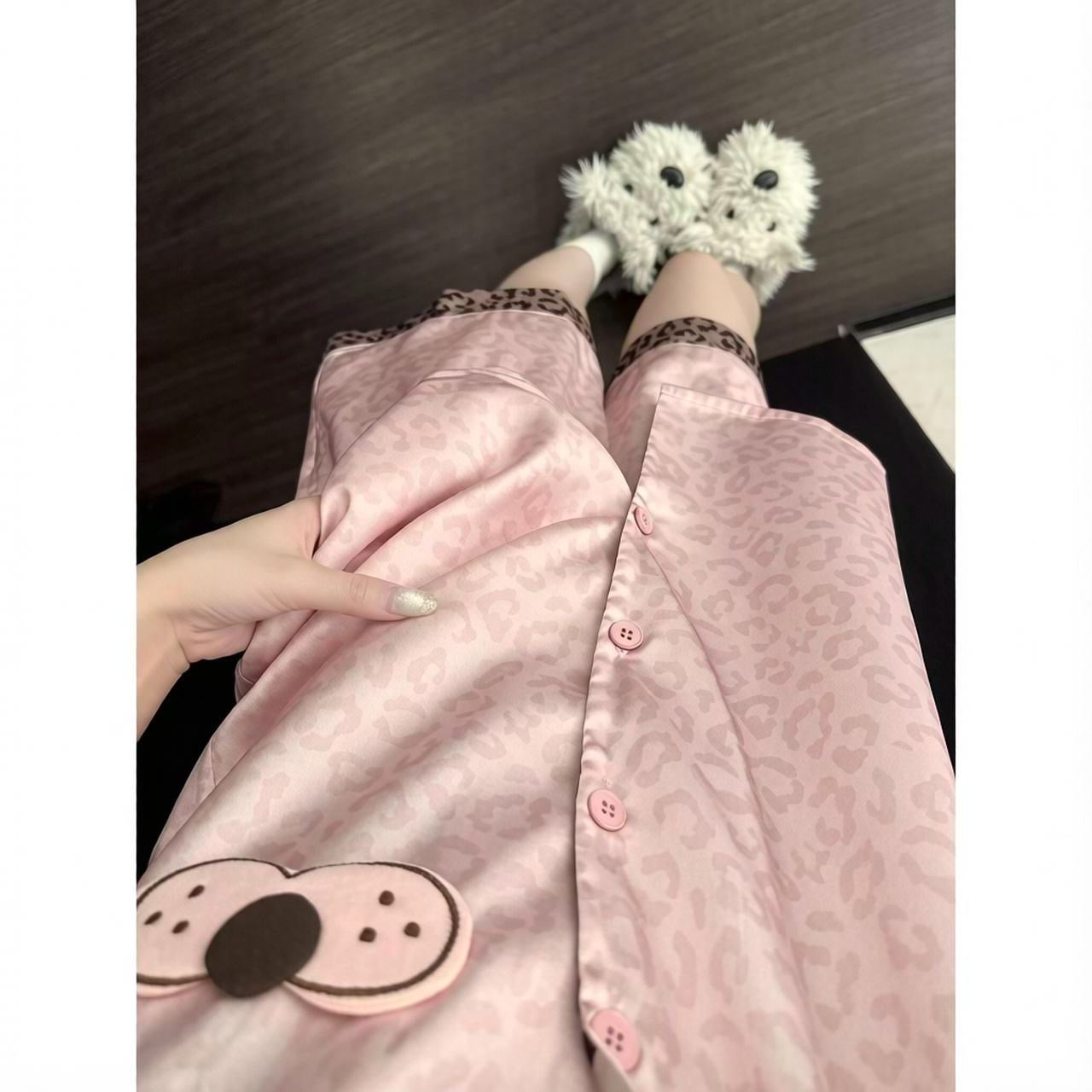 垂感冰丝｜甜酷豹纹冰丝短袖家居服套装
