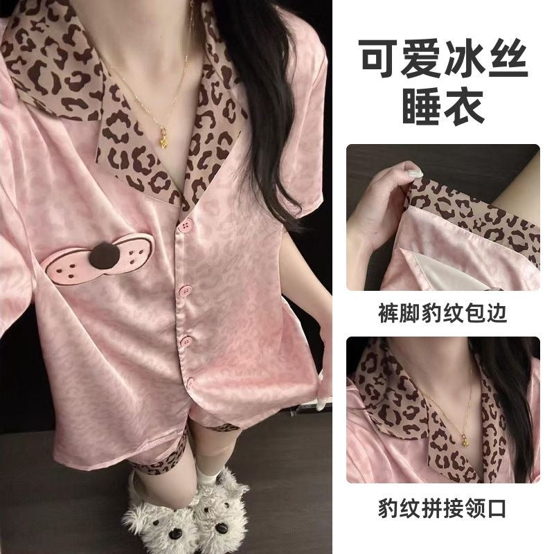 垂感冰丝｜甜酷豹纹冰丝短袖家居服套装
