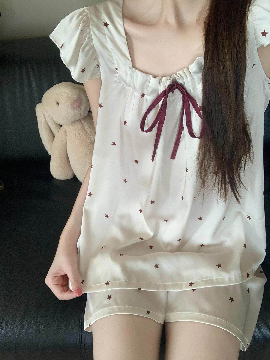 Women’s Cooling Ice Silk Pajama Set | Soft Ruffle Sleepwear