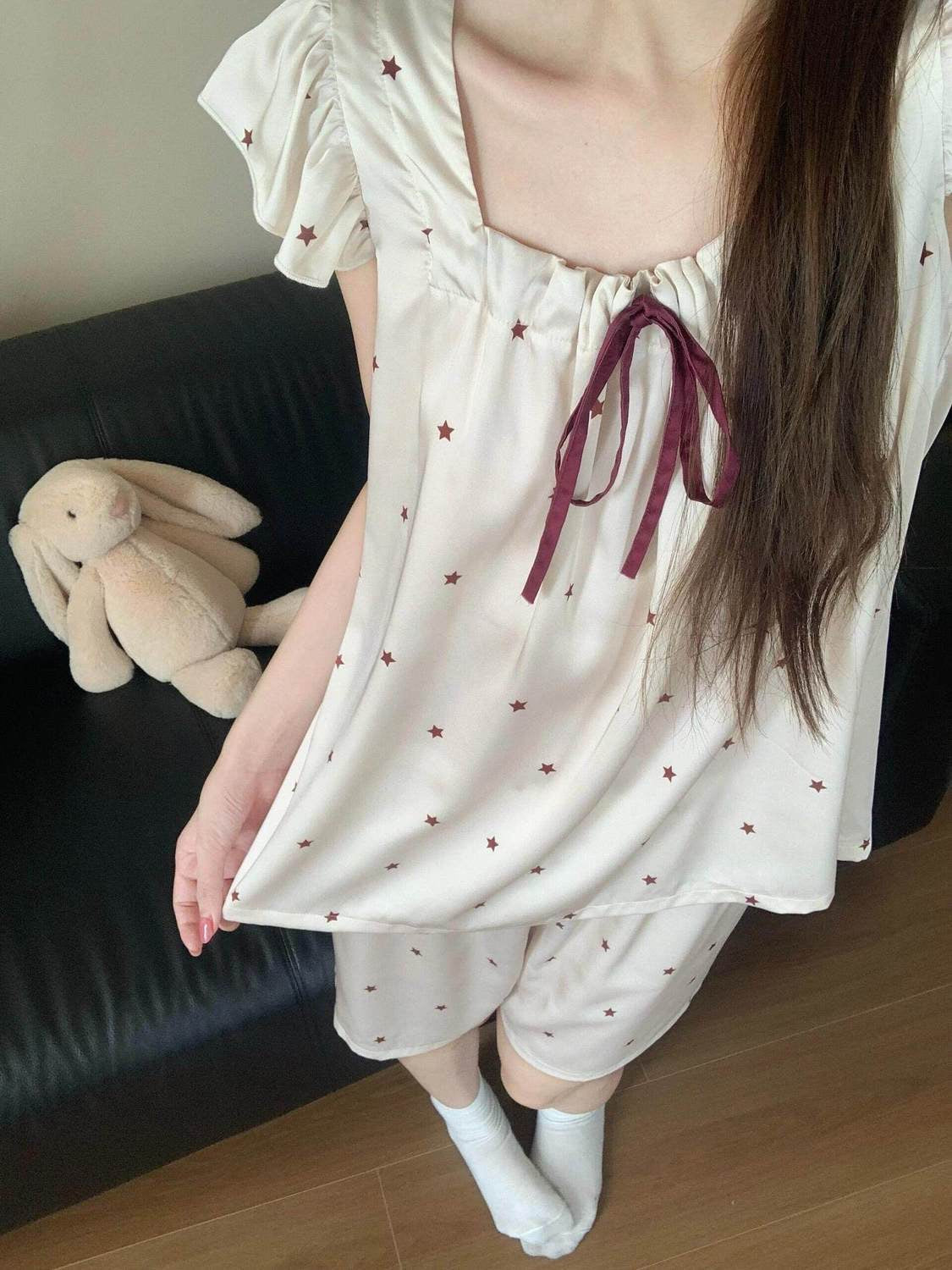 Women’s Cooling Ice Silk Pajama Set | Soft Ruffle Sleepwear