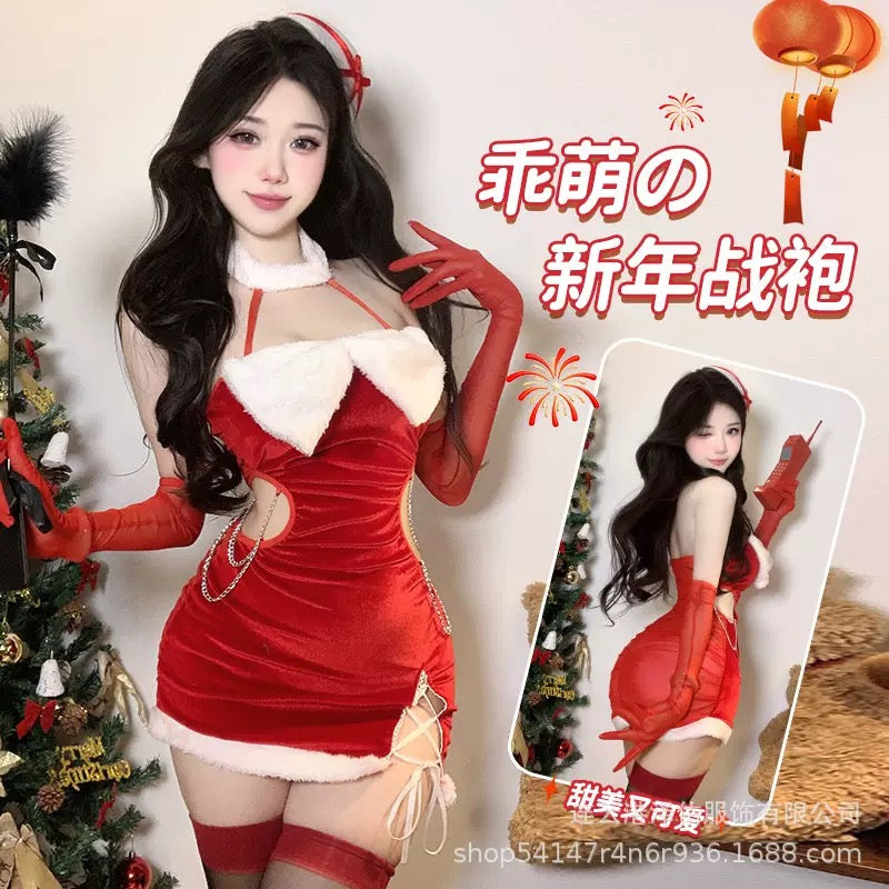 腰间镂空圣诞连衣裙