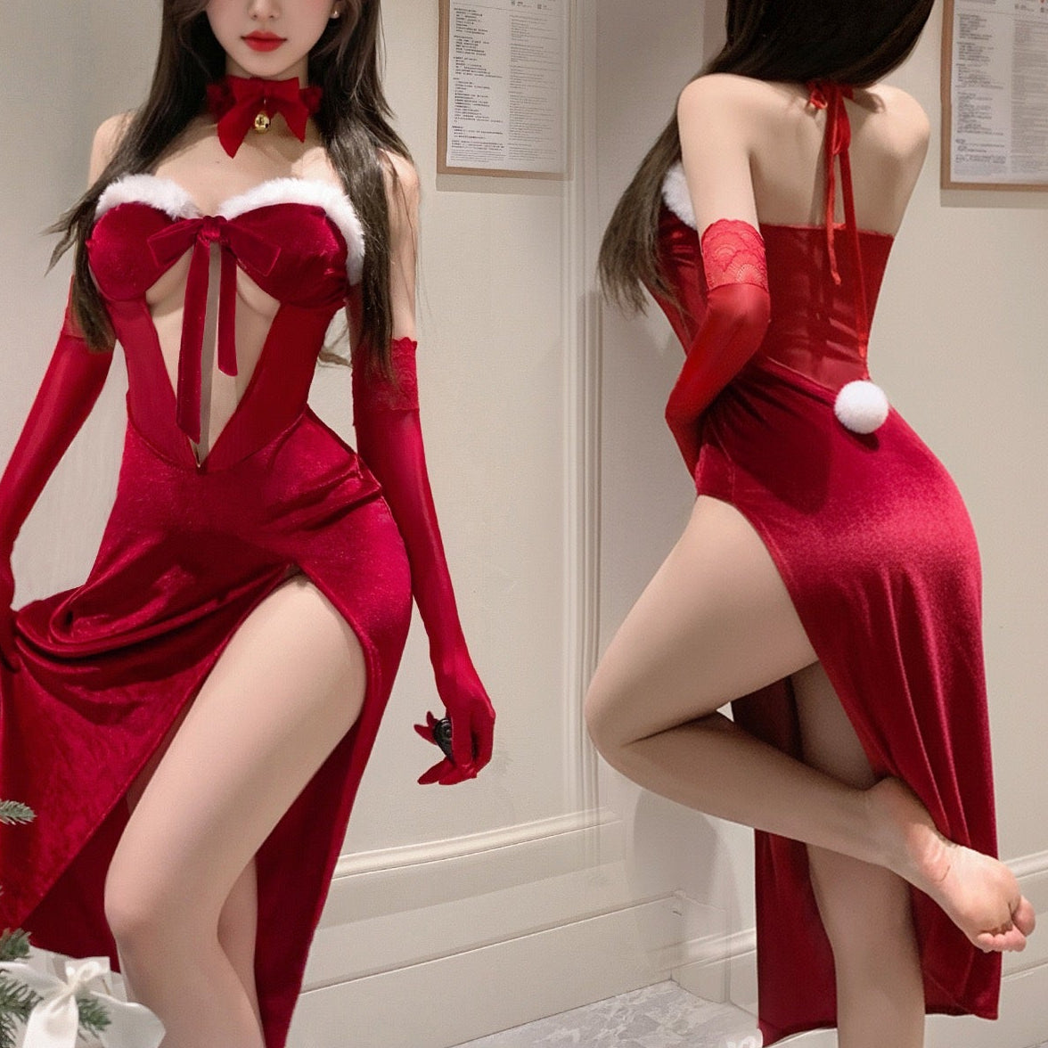 性感高开衩圣诞连衣裙