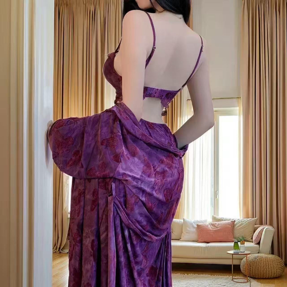 Butterfly Padded High-Slit Nightdress & Robe Set