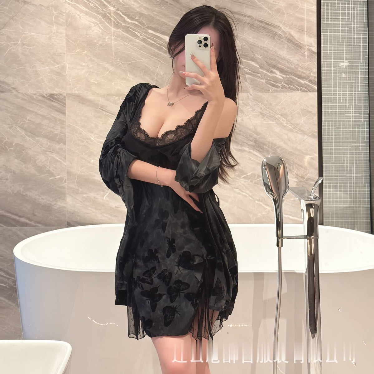 Butterfly Padded High-Slit Nightdress & Robe Set