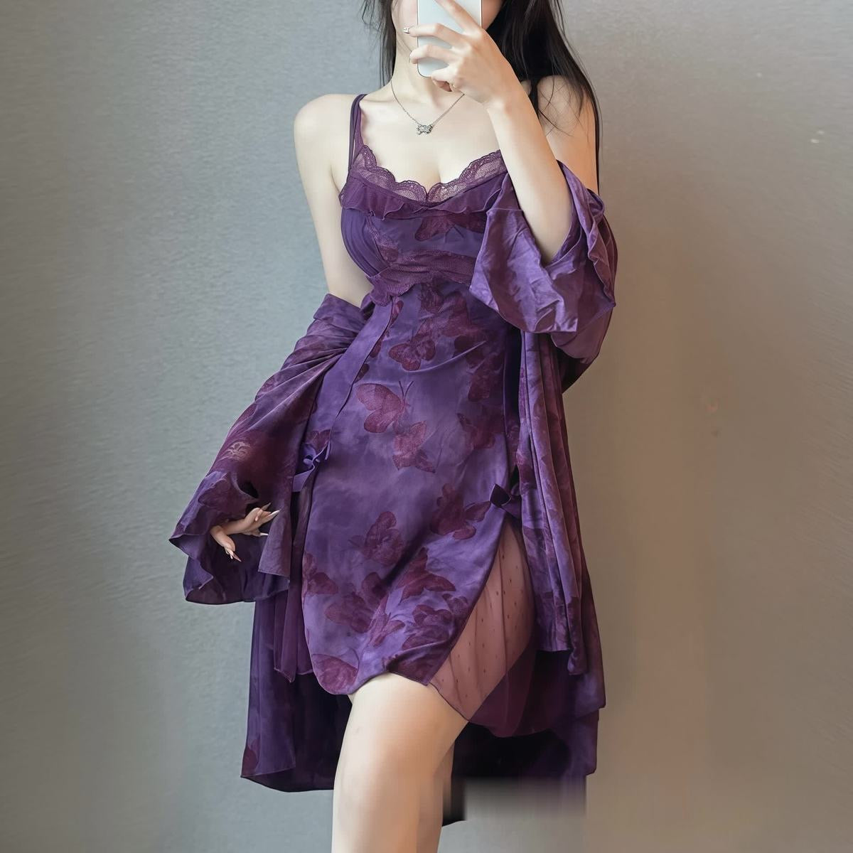 Butterfly Padded High-Slit Nightdress & Robe Set