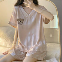 Rose Pink Crisp Short Sleeves V Neck Pajamas