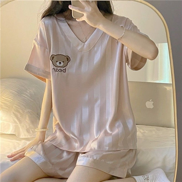 Rose Pink Crisp Short Sleeves V Neck Pajamas