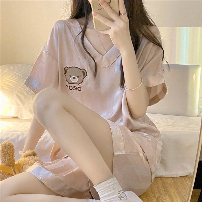 Rose Pink Crisp Short Sleeves V Neck Pajamas