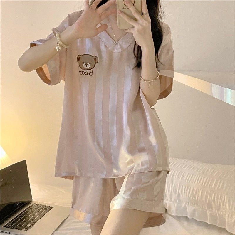 Rose Pink Crisp Short Sleeves V Neck Pajamas