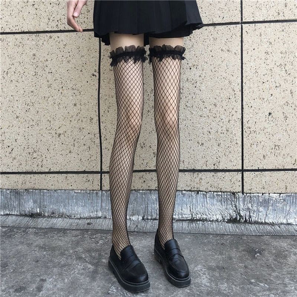 Outerwear Fluffy Lace Trim Fishnet Stockings